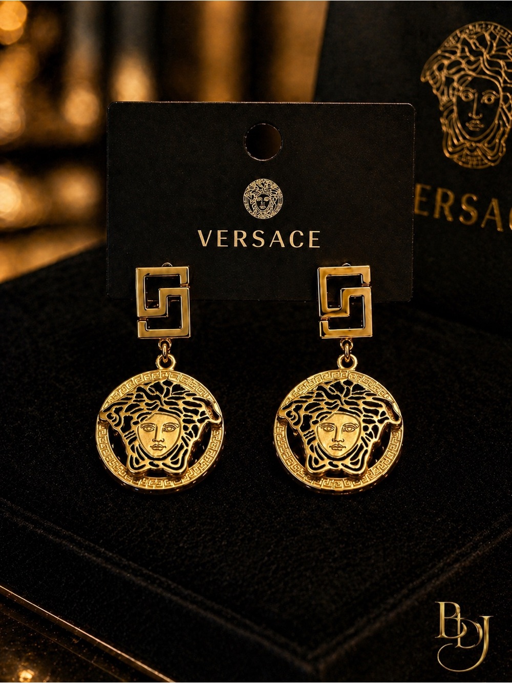 Gold Tone Medusa Inspired Drop Earrings | Greek Key Luxe Statement